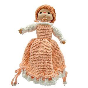 Vintage 1960s Red Hair Peach Dress Bottom Closes Hand Crocheted Bed Pillow Doll
